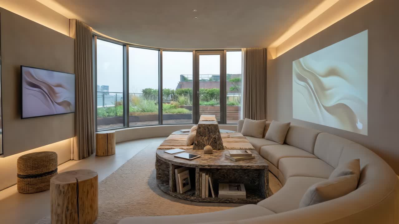 Modern Luxury Living Room with Curved Sofa and City View