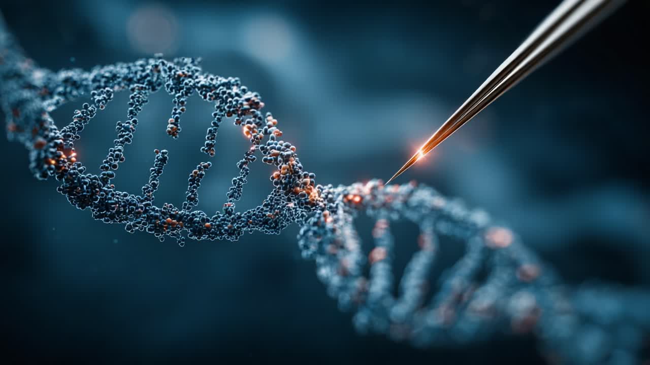 Un primo piano della manipolazione del DNA che mostra uno strumento di precisione con materiale genetico, a simboleggiare le biotecnologie avanzate e le tecniche di ingegneria genetica