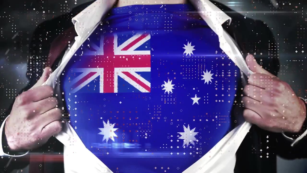 Animasi bintik-bintik di atas pria Kaukasia mengenakan kaus dengan bendera Australia
