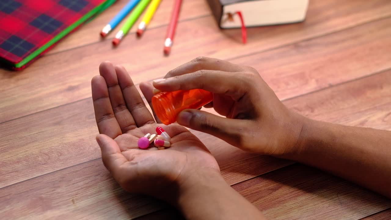 tomar medicamentos en un escritorio con suministros escolares