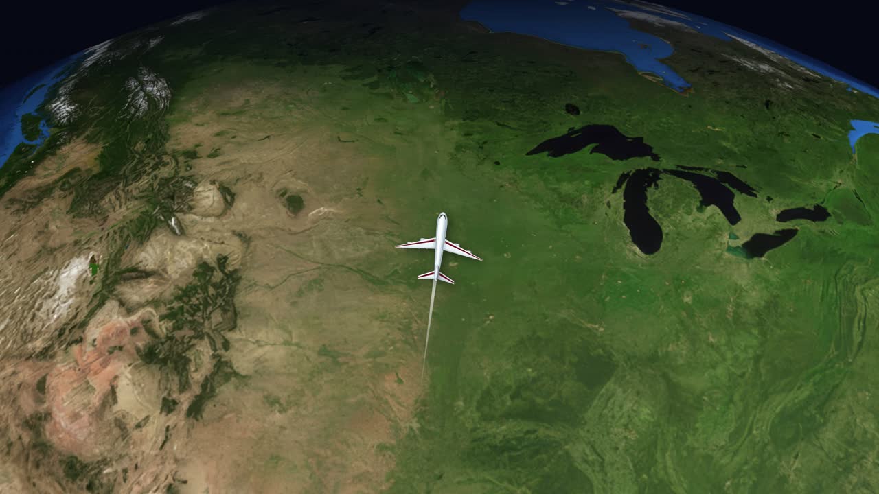 Satellitvisningsanimation følger et kommercielt fly, der flyver fra Mexico City til Delhi, Indien