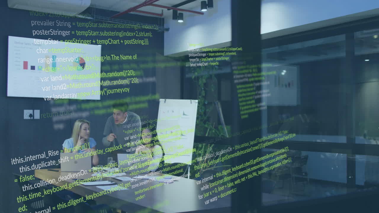 animación del procesamiento de datos financieros sobre diversas personas de negocios en la oficina