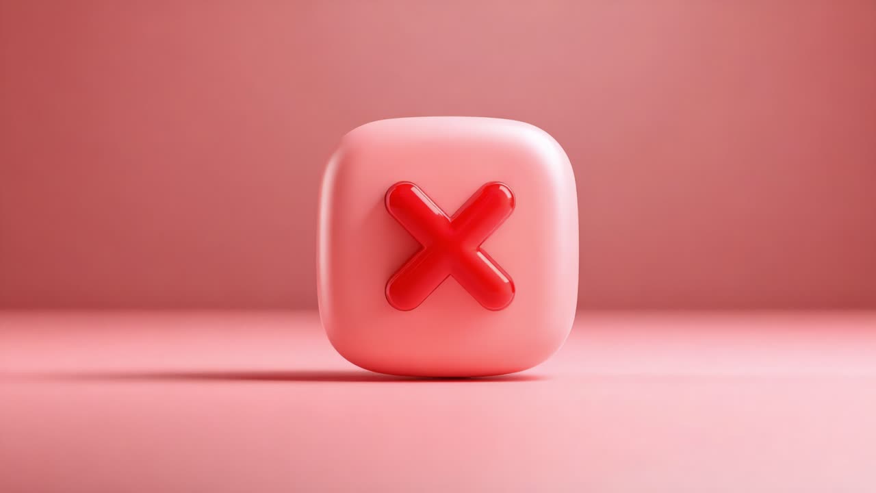 A visually appealing pink cube with a prominent red cross symbol, illustrating a clear indication of a negative response or a rejection in a minimalistic design environment