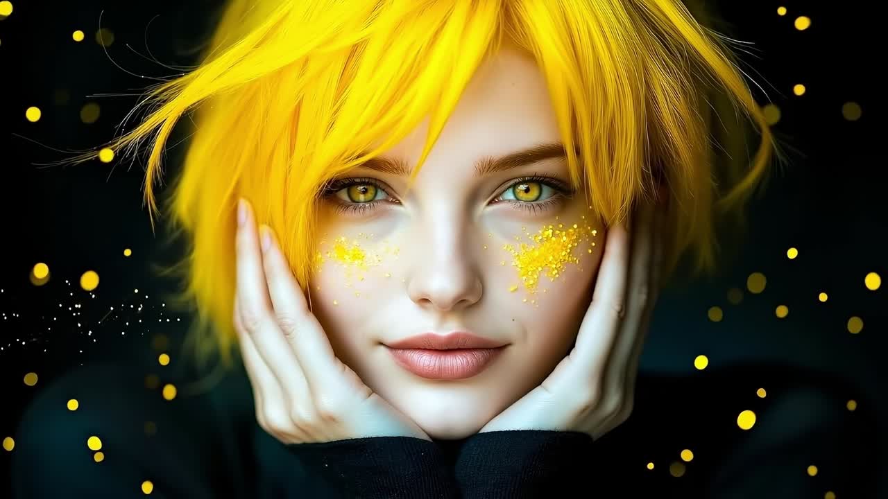 A woman with bright yellow hair and gold glitter on her face