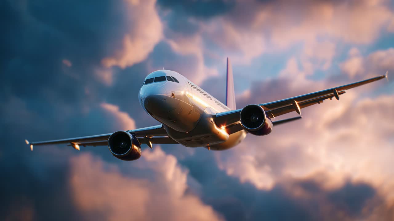 Una straordinaria vista ravvicinata di un aereo commerciale che solca un cielo spettacolare pieno di nuvole, catturando l'essenza del volo e dell'aviazione in movimento