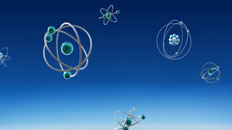 Animation-Von-Atommodellen,-Die-Sich-Auf-Blauem-Hintergrund-Drehen