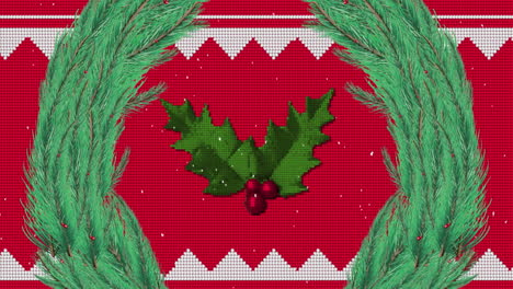 animación de la nieve cayendo sobre la decoración de navidad con una corona de abeto