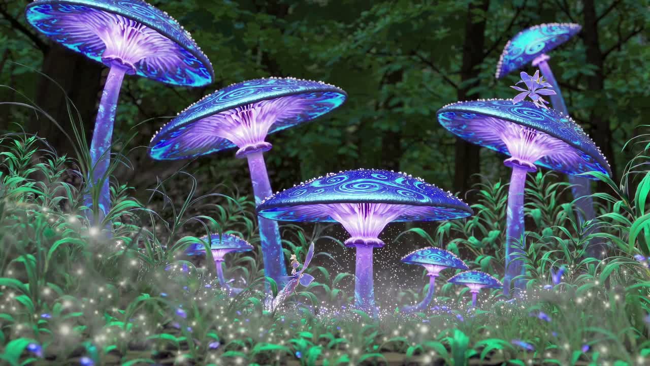 Funghi luminosi in una foresta immaginaria