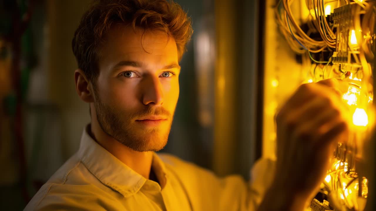 Una persona concentrata modifica i collegamenti elettrici tra luci brillanti, mostrando un mix di concentrazione e abilità tecnica, il tutto catturato in un ambiente caldo e illuminato con fili intricati