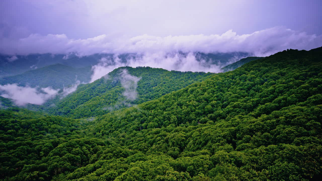Drone glides above a sea of fog in the Smoky Mountains