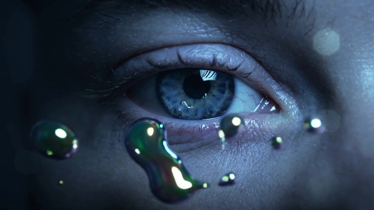 Reacting single adult eye closing in cool blue set, shiny drops nearing lower lid