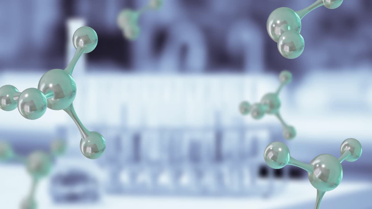 마이크로 분자 모델과 실험실 컵의 애니메이션이  ⁇  배경에 있습니다.