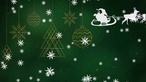 Schneeflocken-Fallen-über-Den-Weihnachtsmann-Im-Schlitten,-Der-Von-Rentieren-Vor-Grünem-Hintergrund-Gezogen-Wird