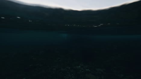 circling and barreling surf waves in the ocean, above and underwater surface.