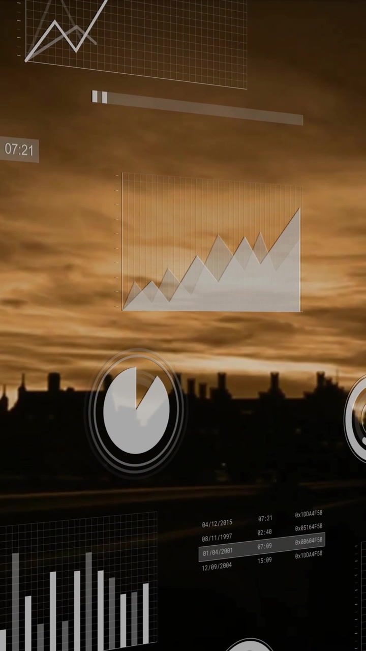 Animazione di grafici di analisi dati che si sovrappongono alla skyline della città durante il tramonto