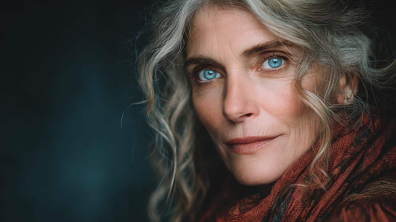 Captivating Portrait of a Woman with Striking Blue Eyes and Flowing Hair, Capturing a Journey of Emotion from Serenity to Joy
