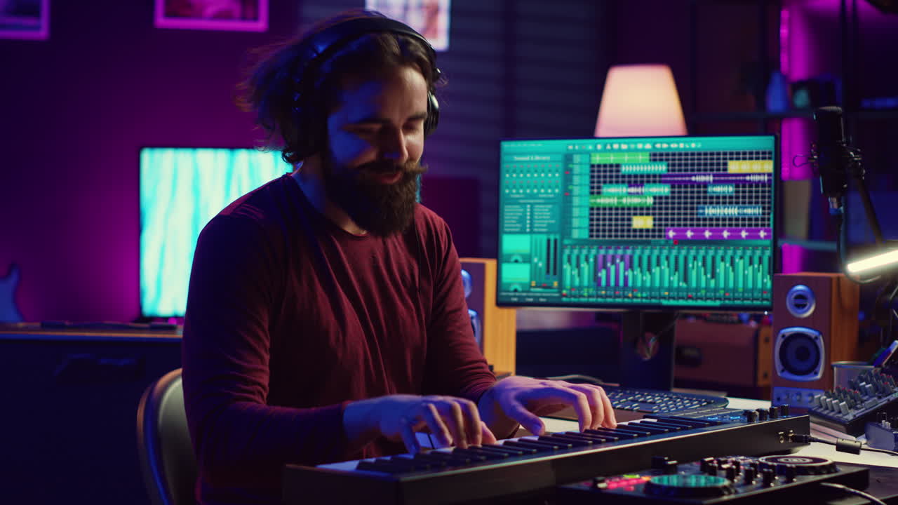 artista tocando el teclado del piano y grabando sonidos para la sesión de mezcla y masterización