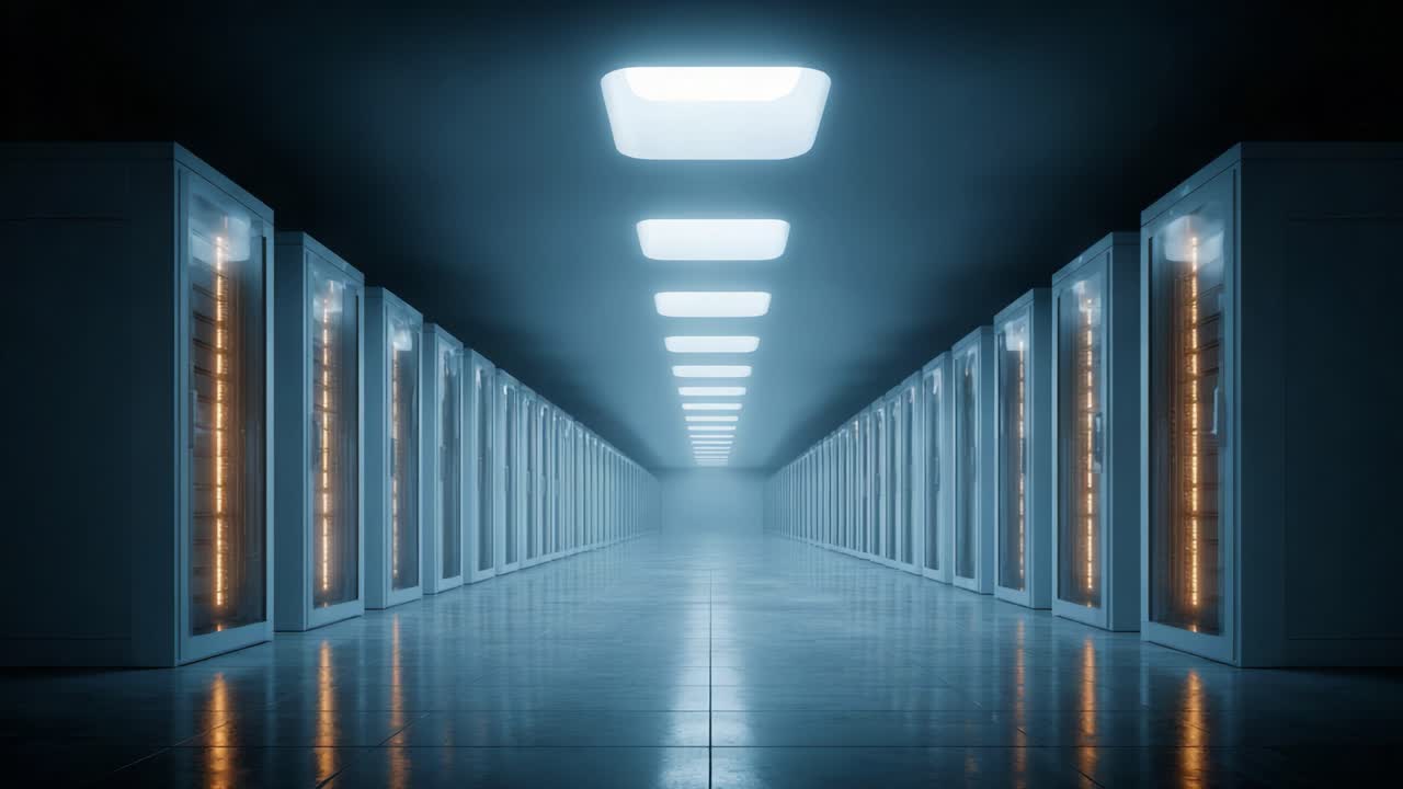 Un corridoio futuristico di un data center con rack di server illuminati e illuminazione soffusa, che crea un'atmosfera di tecnologia avanzata e connettività