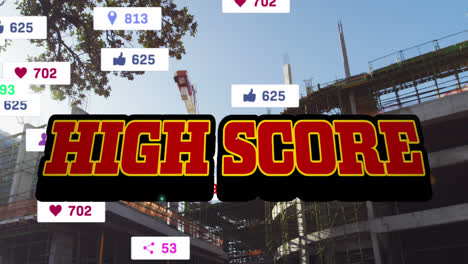 animation of high score and social media reactions over cityscape