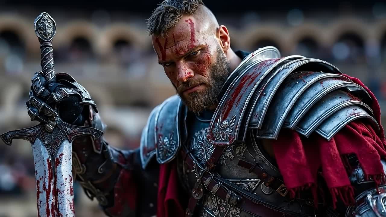 A man in armor holding a sword in front of a crowd