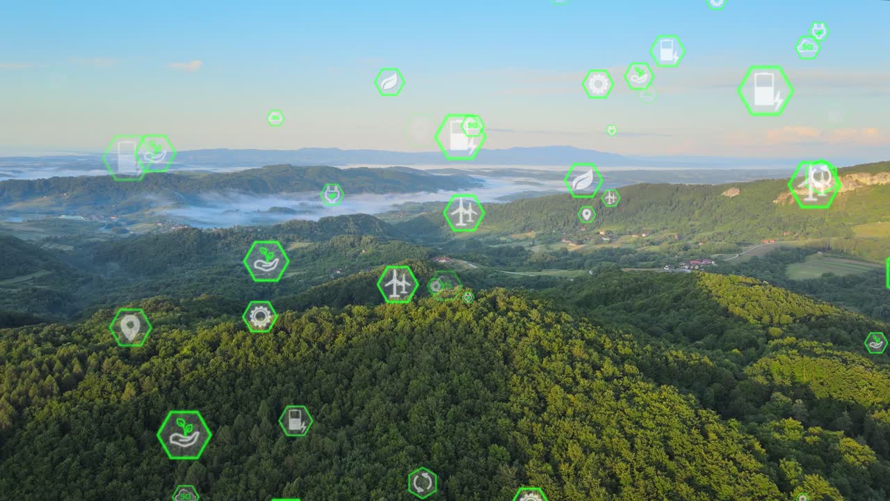 초록색 언덕 위로 상승하는 지속가능성 아이콘