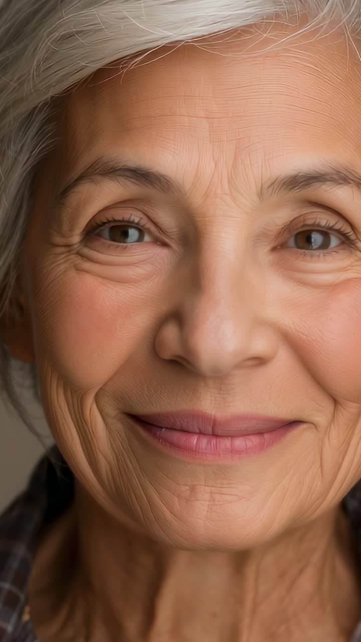 Vertical video: Smiling senior woman on cue in studio, growing smile and closing eyes, plaid collar