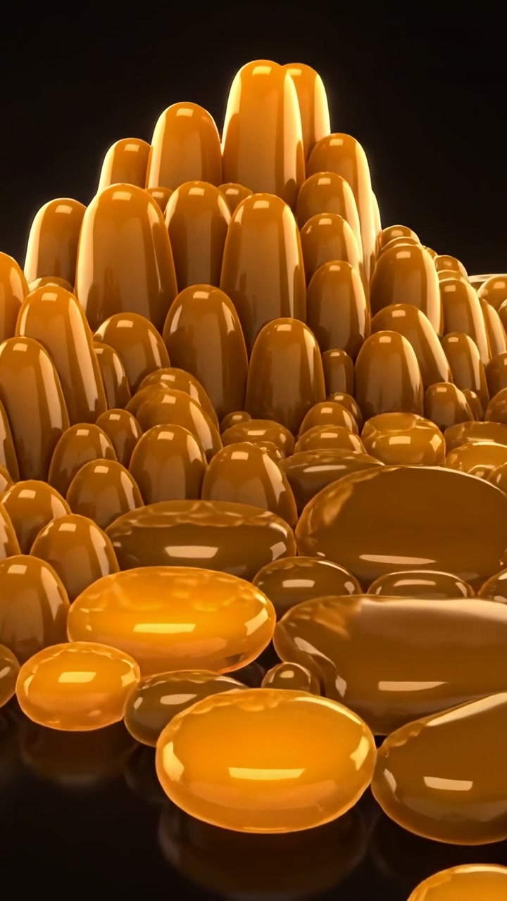 Vertical video: Pulling back, camera revealing amber domes and discs in studio, showing shine