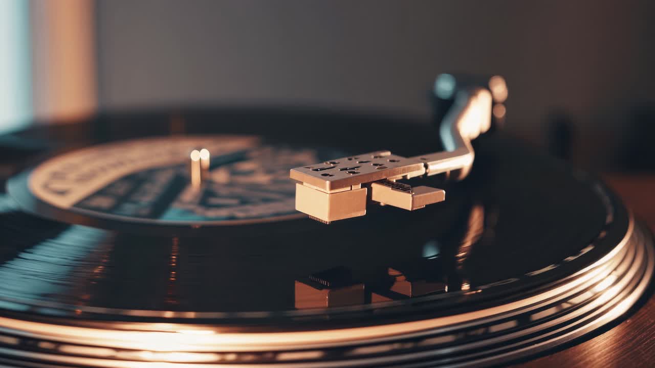 Close-up shot of a vintage turntable playing a vinyl record, capturing the needle in focus