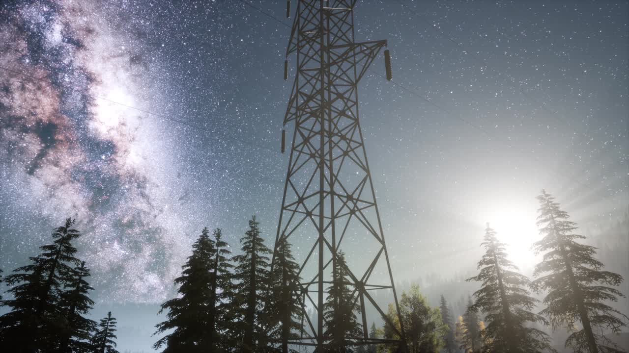 High-voltage power lines on the background of the starry sky
