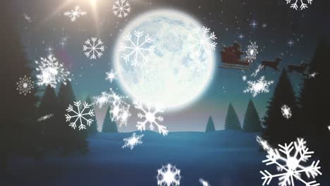 Digitale-Animation-Von-Schneeflocken,-Die-Auf-Die-Winterlandschaft-Fallen,-Und-Silhouette-Des-Weihnachtsmanns-Im-Schlitten