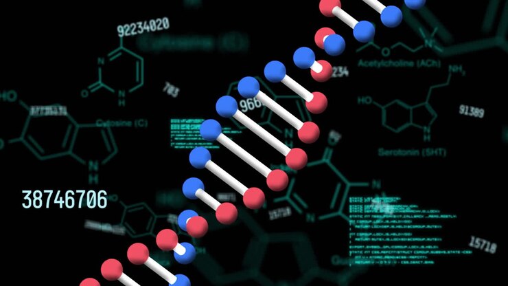 Animation of data processing , dna strand spinning over chemical compounds