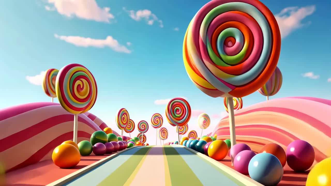 Whimsical candy land with giant lollipops and colorful spheres, captured from a low-angle
