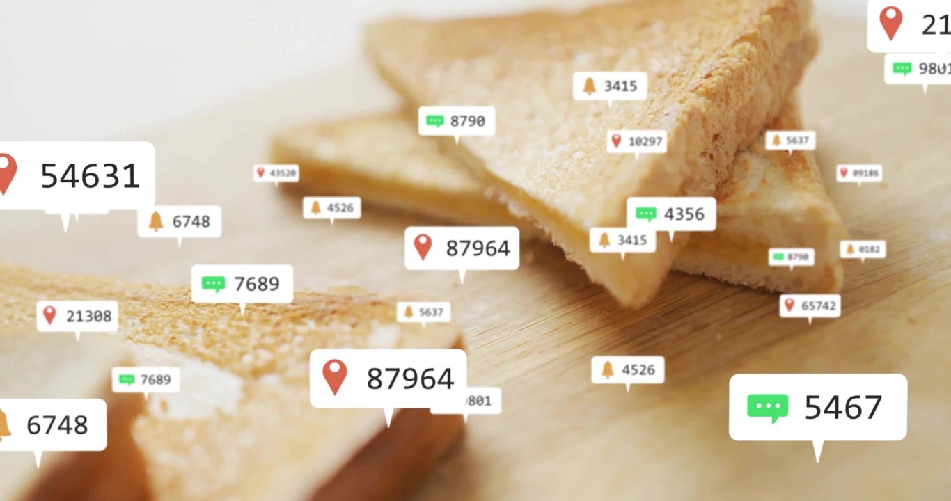 Triangular toast slices lying on cutting board under overlay icons visualizing engagement metrics