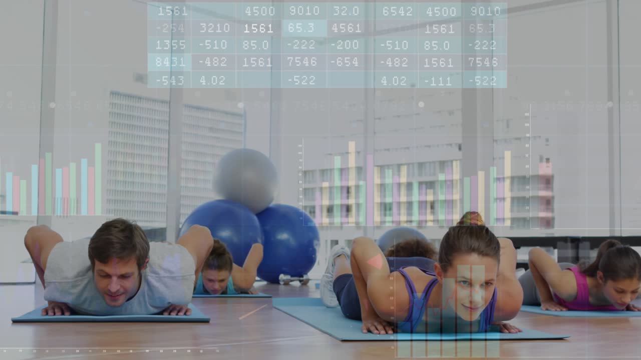 Center woman pressing up, lifting chest on mats in yoga class, group mirroring, faint data overlay