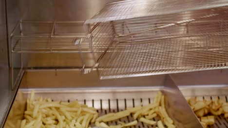 french fries taken out of oil and placed on grate in fast food kitchen