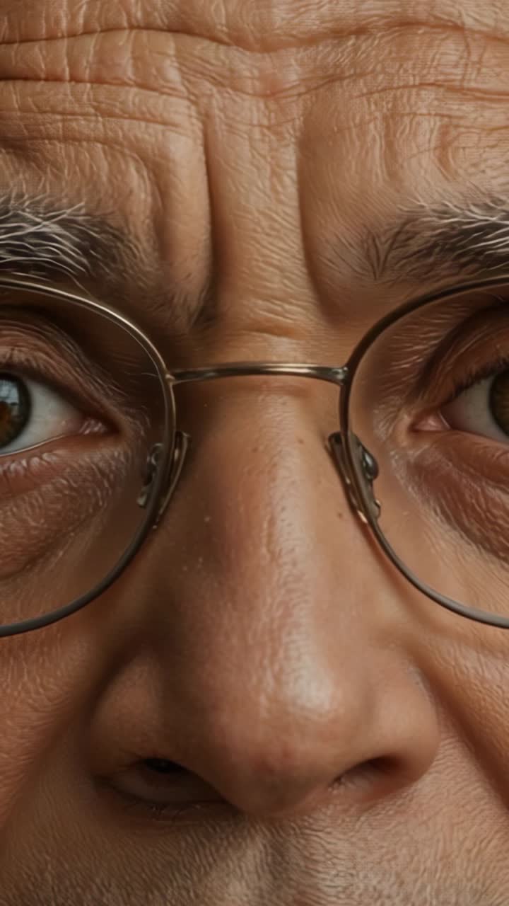 Vertical video: Camera holding closeup on senior male face in studio, with metal-framed eyeglasses