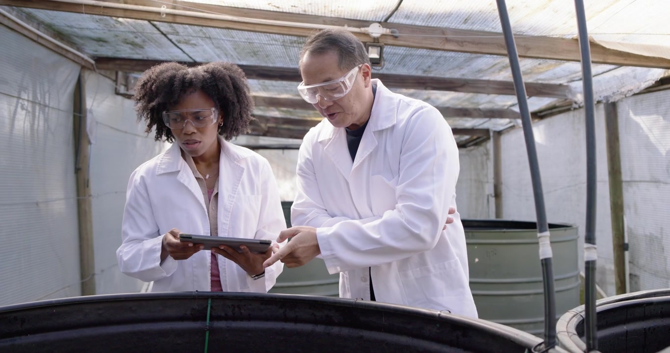 Diverse senior scientist mentoring, consulting tablet and inspecting tank rim, lab coats on in lab