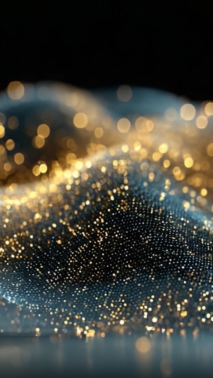 Un ipnotico primo piano di scintillanti particelle d'oro e argento che creano un'immagine mozzafiato di luce e texture su uno sfondo scuro