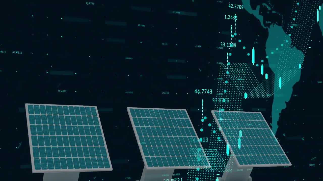 태양 전지 패널과 세계 지도를 통해 데이터 처리의 애니메이션
