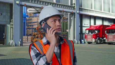 close up of asian male engineer with safety helmet talking on smartphone while standing , outside of logistics distributions warehouse