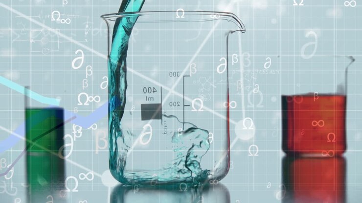 Animation of chemical symbols over liquid pouring into lab glass