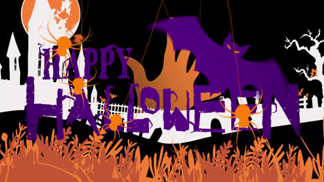 animation of happy halloween, spiders, cemetery and haunted house in black background