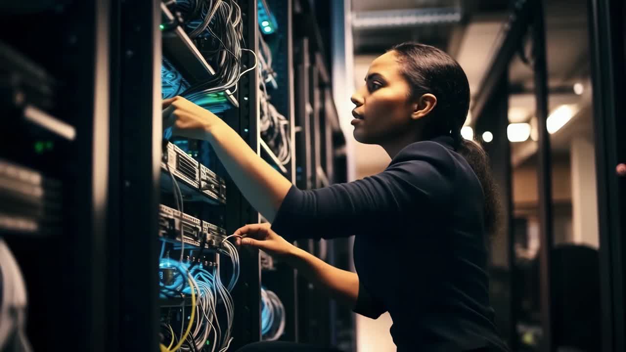 A professional woman works on server racks in a dimly lit data center