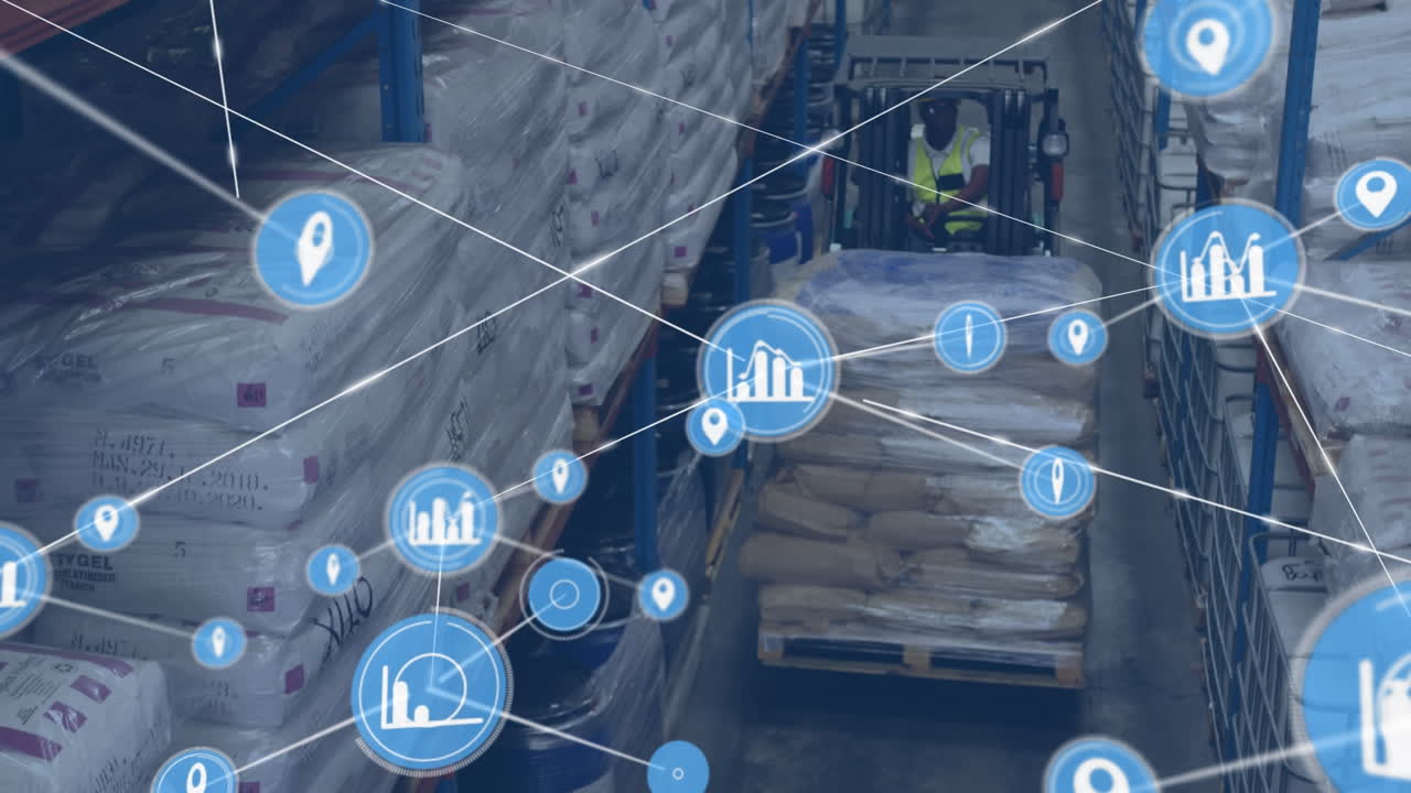 Animation of network of connections with icons and delivery drones over warehouse