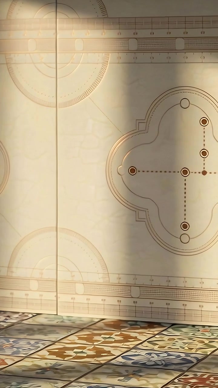 Vertical video: Panning camera moving toward sun, showing quatrefoil panel in foyer and tile floor