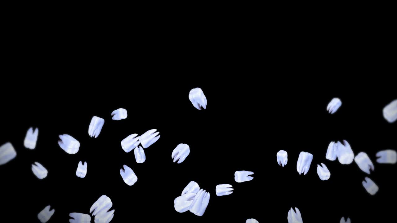 검은색 바탕에 많은  이빨을 날아다니며, 치과 관리 개념, 치아 회전의 3d 애니메이션, 루프 애니메이션.