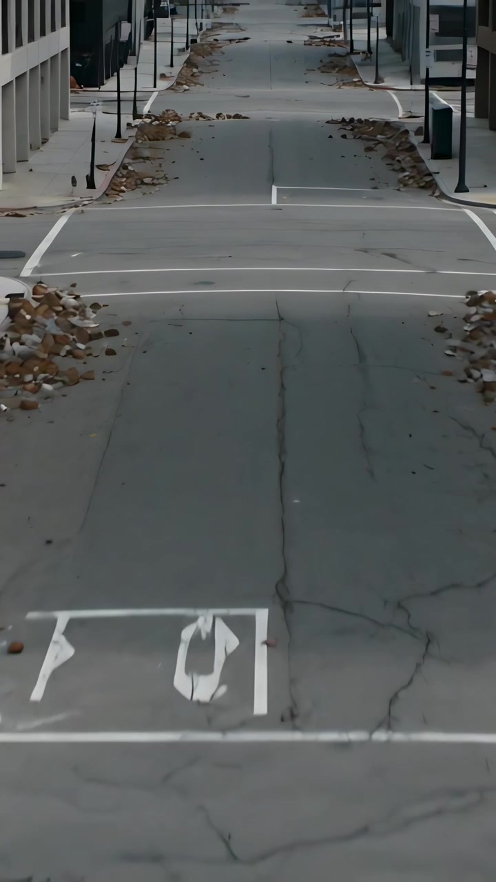 Video verticale: Telecamera panoramica che avanza lungo una strada urbana mostrando una freccia, crepe e foglie