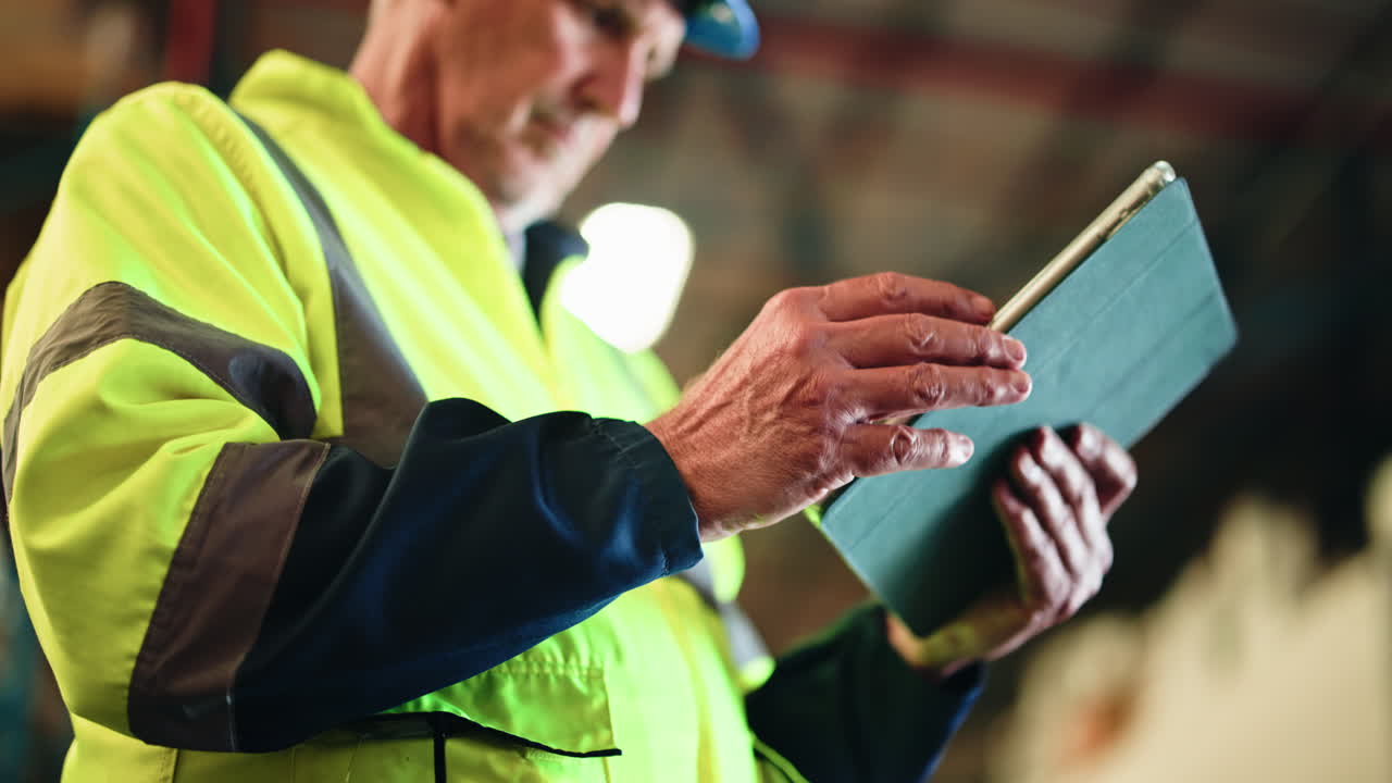Focused Worker in Safety Vest Using Digital Tablet