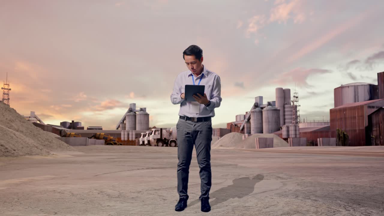 Cuerpo entero de un trabajador profesional asiático de pie con su tableta en una planta de cemento industrial al atardecer, escribiendo y asintiendo con la cabeza con decepción.