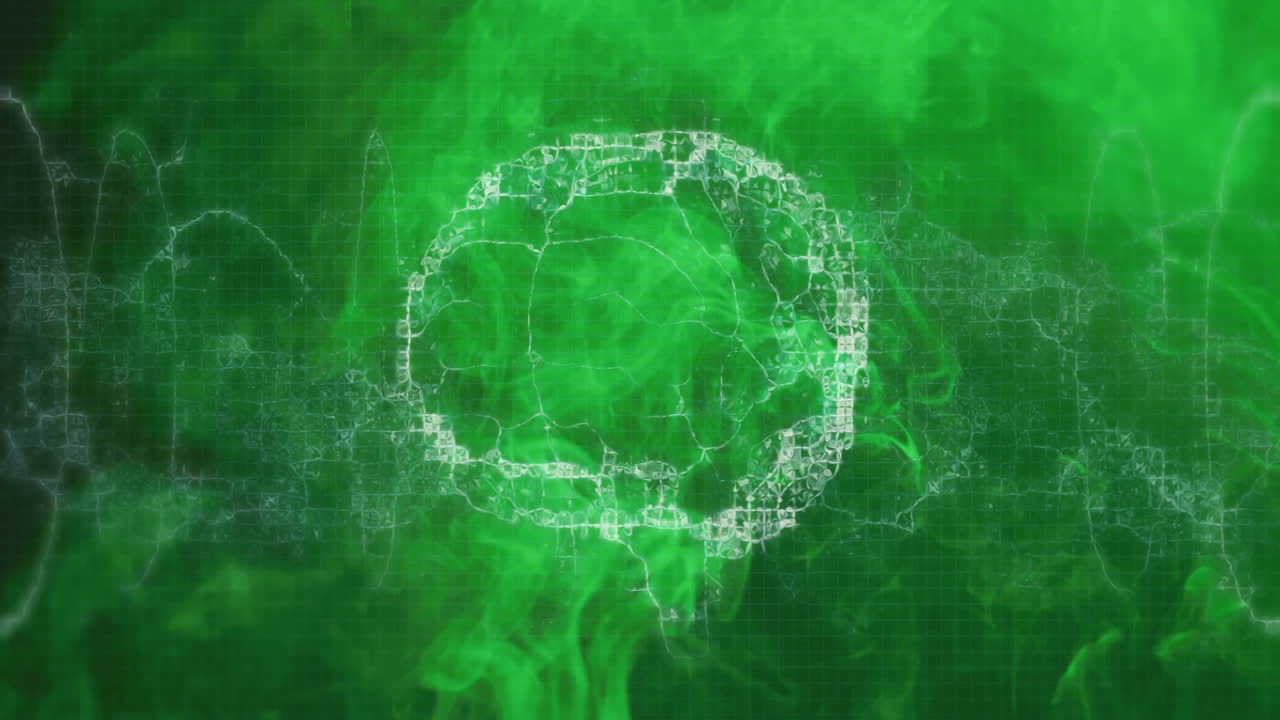 Animating white pixelated lips waveform floating over swirling green smoke in digital mesh style
